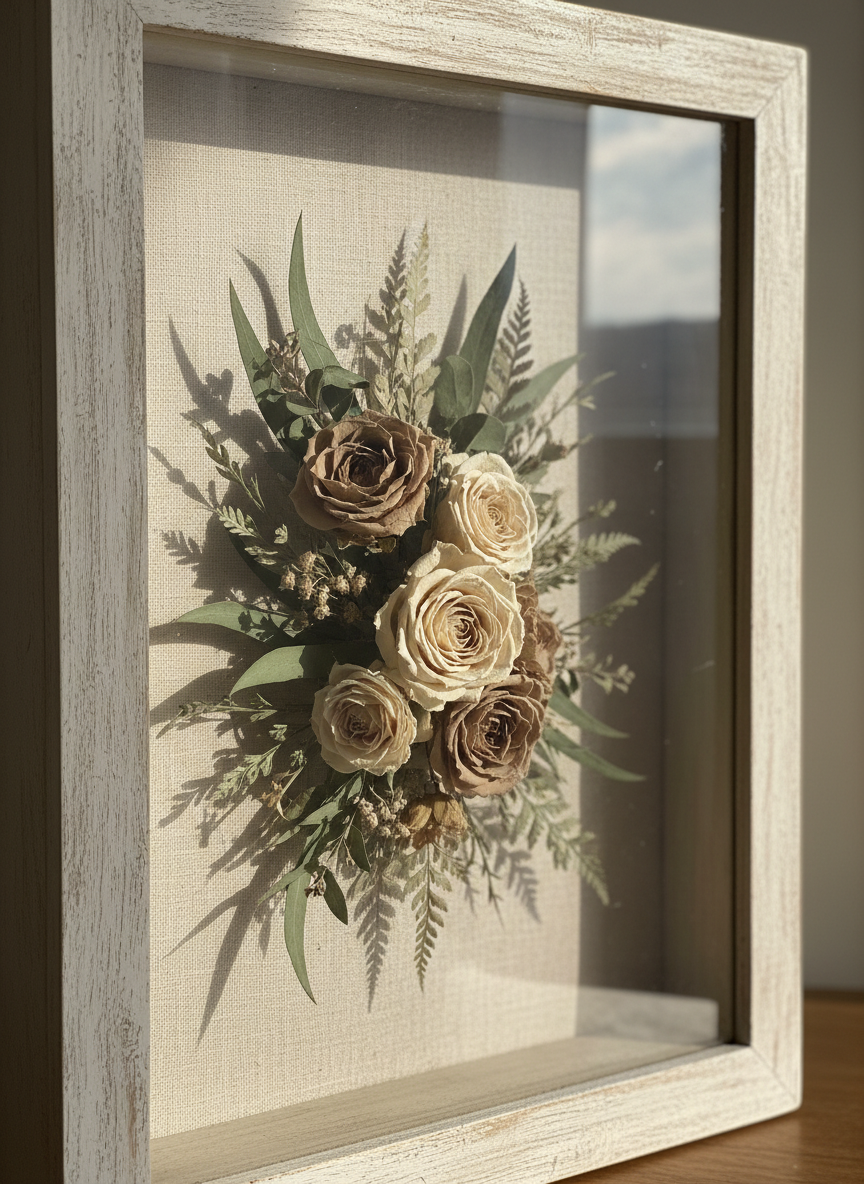 Close-up of layered dried flowers inside a deep shadow box frame
