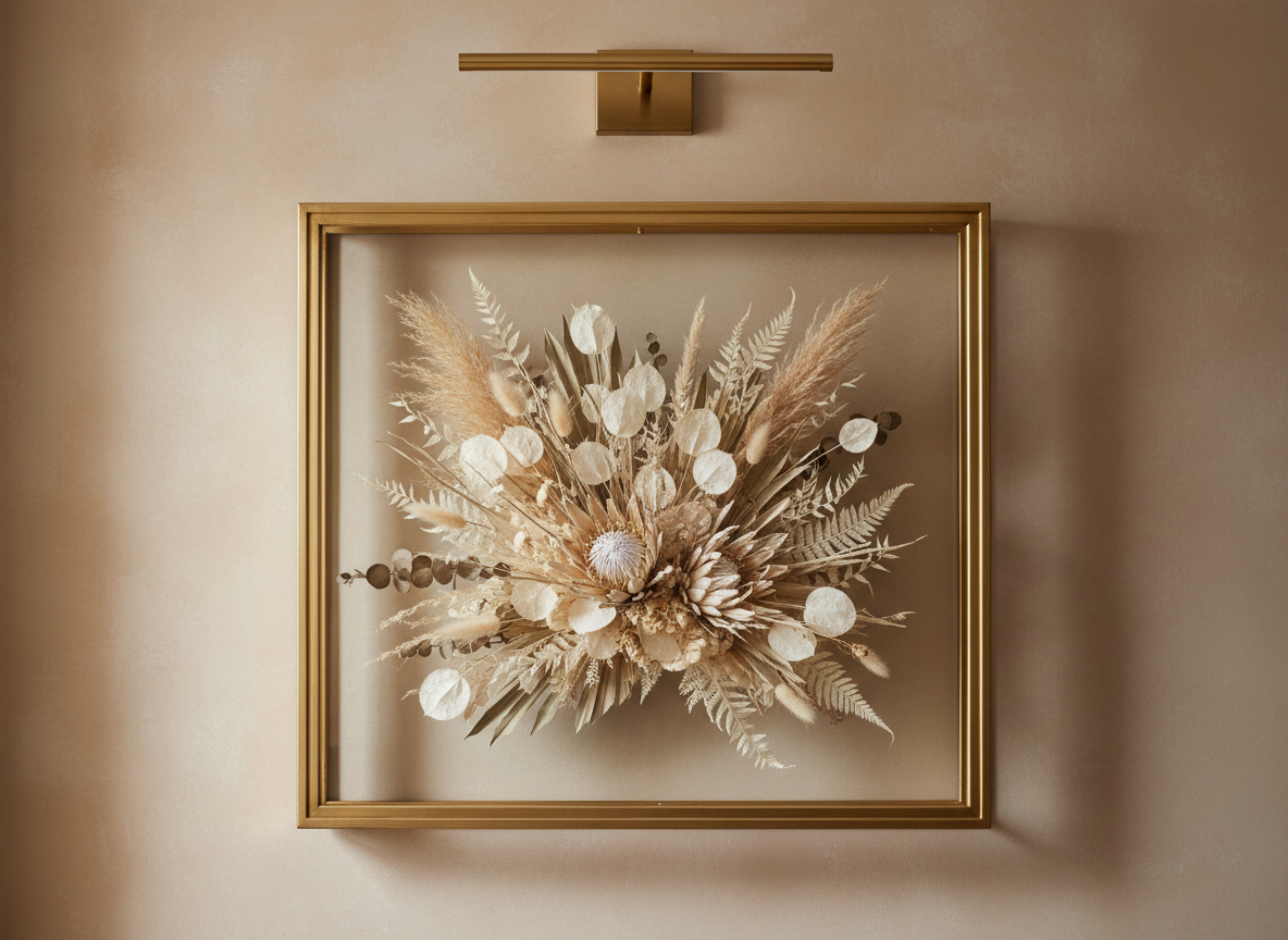 Deep shadow box frame with layered preserved flowers behind glass
