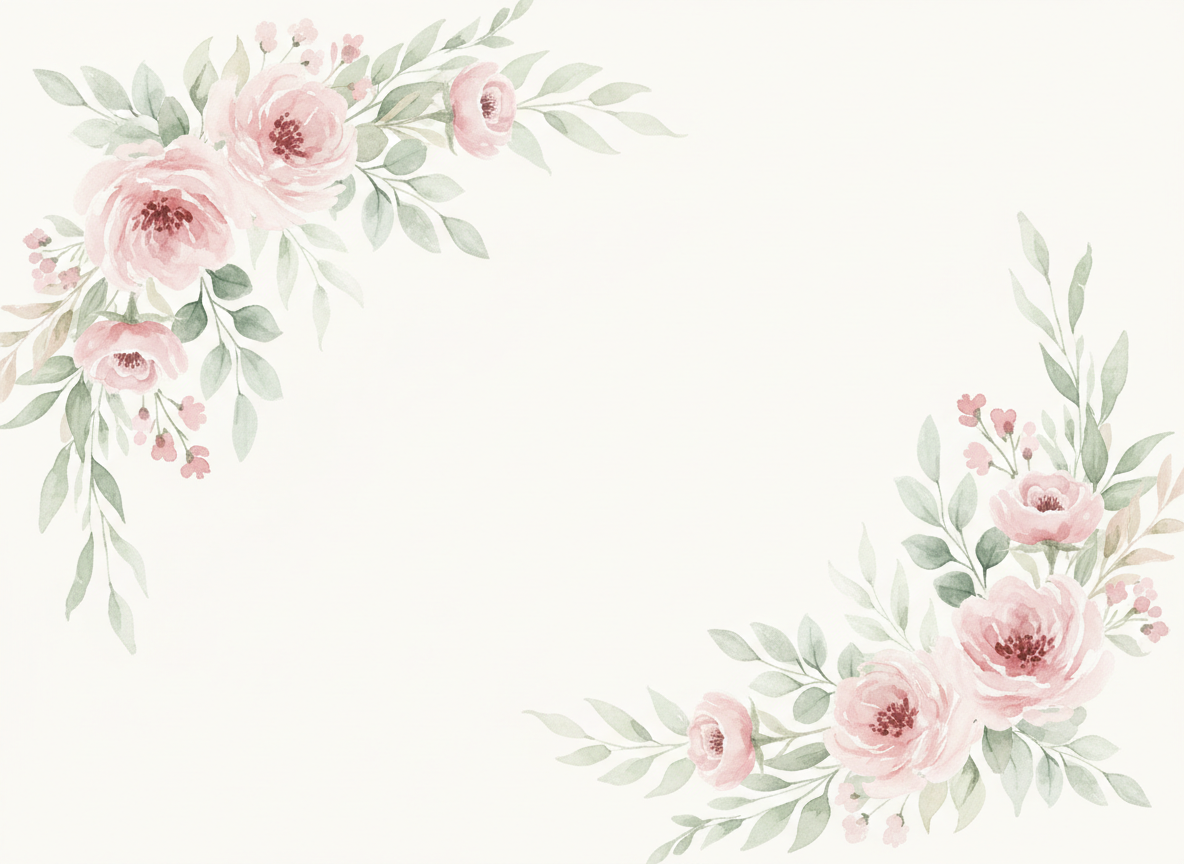 Soft romantic watercolor botanical illustration in blush pink, dusty rose, and sage green