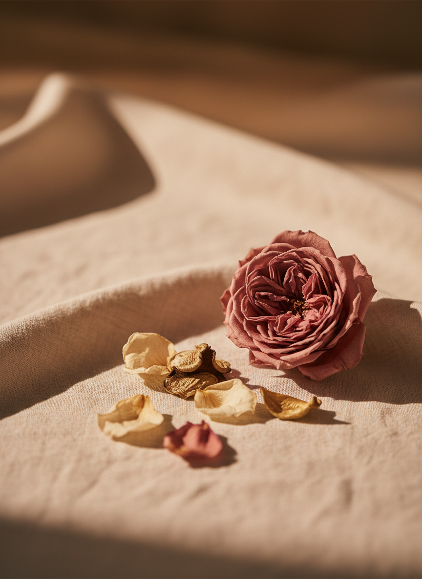 A softly lit detail shot of a single preserved rose and dried floral petals resting on a linen surface in warm cream and blush tones.
