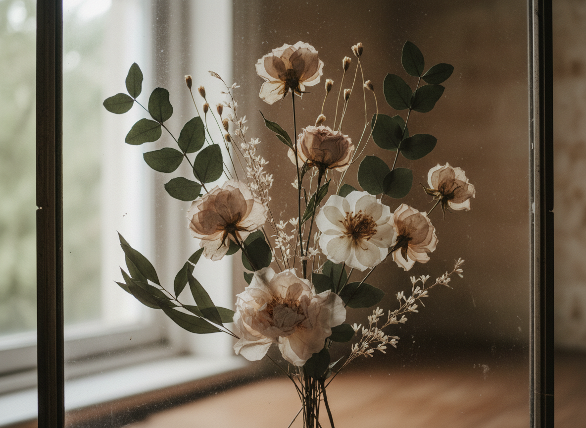An elegant, romantic close-up of a preserved wedding bouquet — dried and pressed roses, peonies, and eucalyptus arranged delicately in soft natural light.